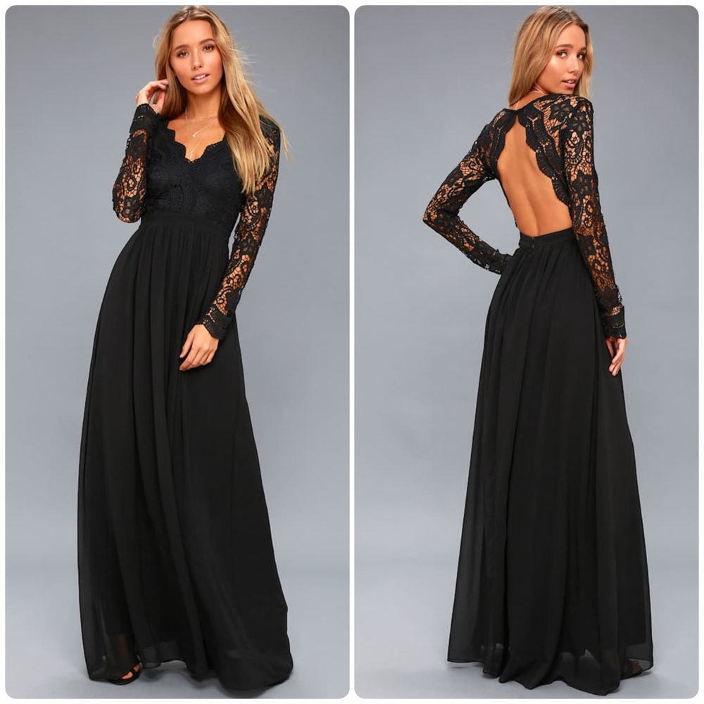 Lulus Awaken My Love Black Long Sleeve Lace Maxi Dress Formal NWT Size Medium
